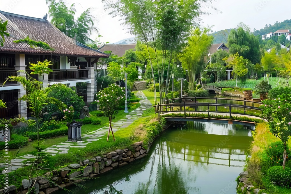 A small bridge over a stream in a garden. A small bridge over a stream in a garden.