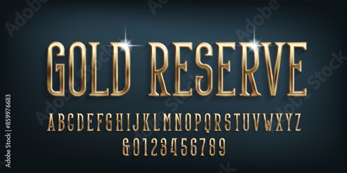 Gold Reserve alphabet font. 3d golden letters and numbers. Stock vector typeface for your design.