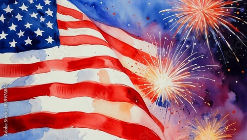 The watercolor artistic star-spangled American flag on a background of fireworks and confetti. USA Independence Day selebration, July 4th. AI-GENERATED 