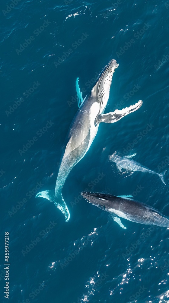Naklejka premium A humpback whale and two smaller whales in the water.