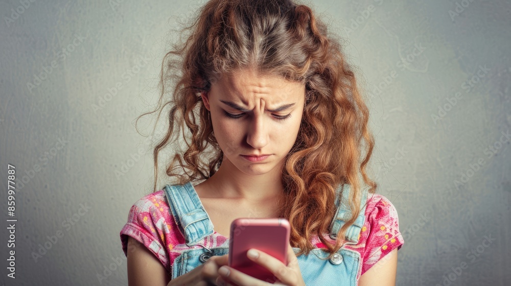 teenage girl looking at her phone with a worried expression teenage girl looking at her phone with a worried expression