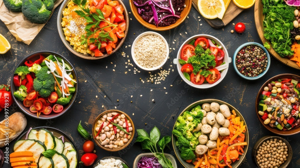 A Variety of Fresh and Colorful Vegan Salads A Variety of Fresh and Colorful Vegan Salads