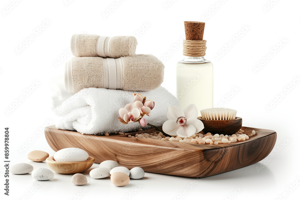 Spa product arrangement isolated on a white background. Cutout image for showcasing Wellness and Health. Created with Generative AI technology. Spa product arrangement isolated on a white background. Cutout image for showcasing Wellness and Health. Created with Generative AI technology.