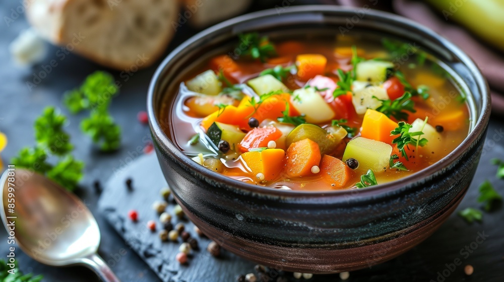 A bowl of colorful vegetable soup with fresh herbs. A bowl of colorful vegetable soup with fresh herbs.