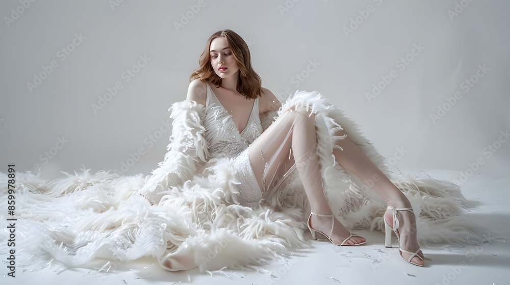 beautiful woman with long legs in white dress fur and highheels posing in the studio : Generative AI beautiful woman with long legs in white dress fur and highheels posing in the studio : Generative AI