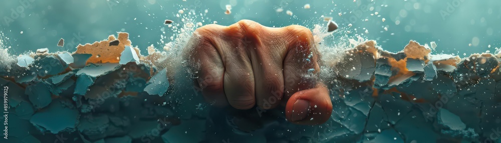 Fototapeta premium A powerful fist breaking through a wall, symbolizing strength, determination, and overcoming obstacles in a dramatic and vivid visual.