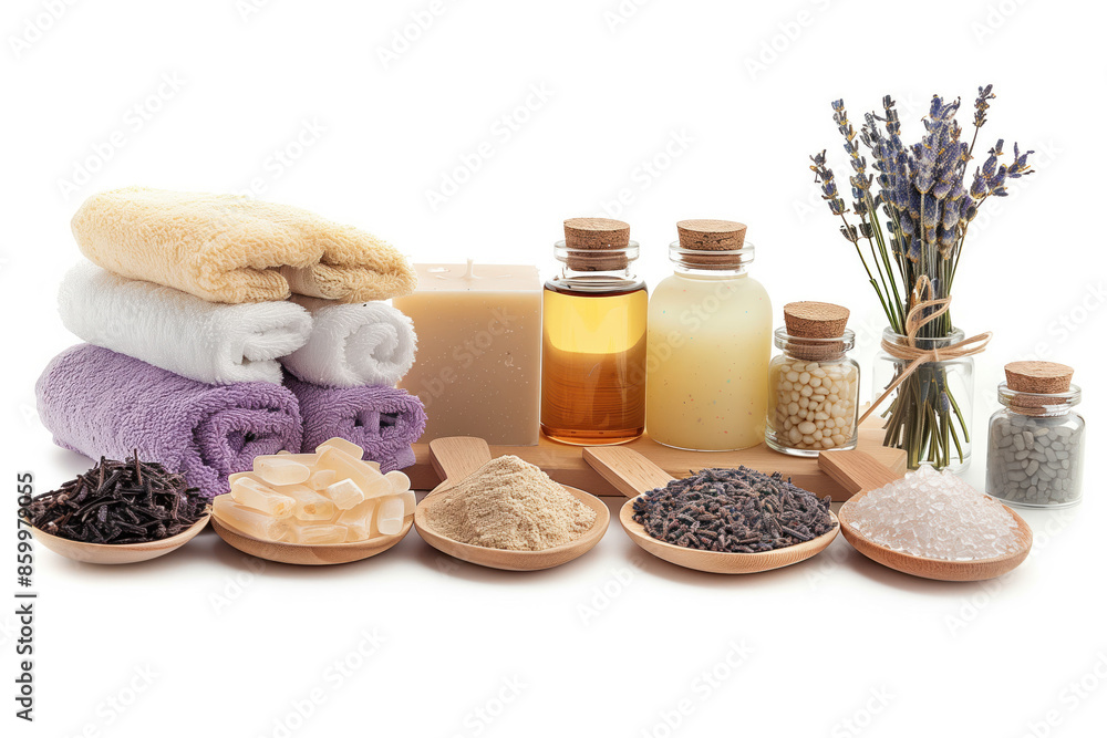 Spa product arrangement isolated on a white background. Created with Generative AI technology. Spa product arrangement isolated on a white background. Created with Generative AI technology.