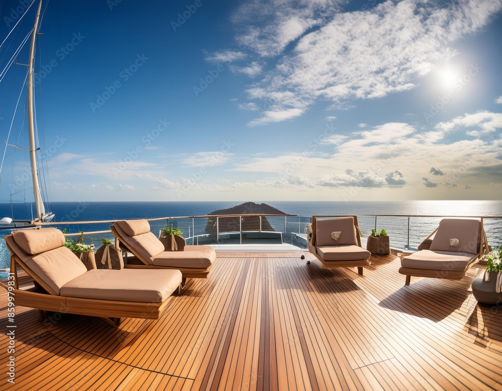 Fototapeta premium View from the deck of a luxury cruise ship with chaise lounges