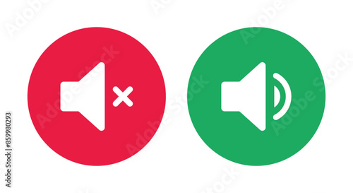 Silent, Ring and Loudspeaker icon set in green and red color in circle vector illustration. Sound and silent speaker icon set. Mute and loudspeaker vector icons.