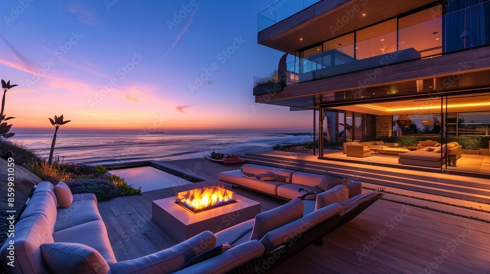 A high-end outdoor terrace with luxurious seating, a fire pit, and a panoramic view of the ocean. A high-end outdoor terrace with luxurious seating, a fire pit, and a panoramic view of the ocean.