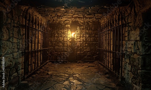 A medieval dungeon with iron bars, stone walls, and flickering torchlight casting shadows