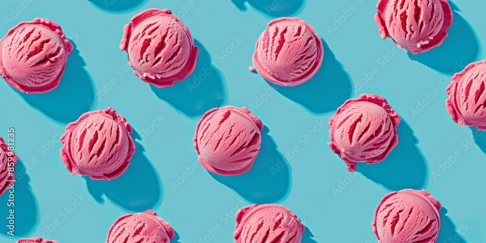 Pink strawberry ice cream pattern on pastel blue background. Summer minimalist. Pink strawberry ice cream pattern on pastel blue background. Summer minimalist.