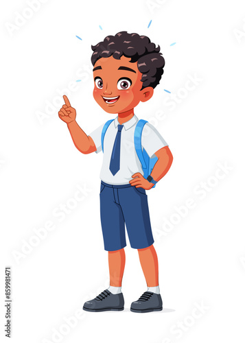 Smart little Indian school boy with index finger pointing up with idea. Cartoon vector illustration.