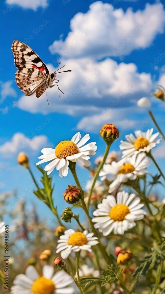 Wildflower Meadow - Chamomile and Butterfly. Made with Generative AI Technology Wildflower Meadow - Chamomile and Butterfly. Made with Generative AI Technology