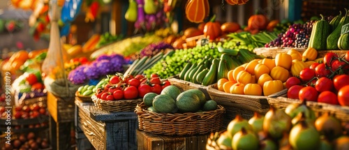 Create a photorealistic image of a vibrant, bountiful farmers market display, featuring colorful fruits and vegetables in a front-facing perspective,