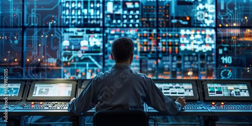 Engineer in a control room of a high voltage power station, monitoring systems and ensuring smooth operation, emphasizing the importance of vigilance and expertise