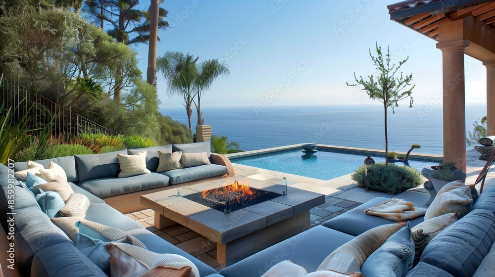 Fototapeta premium A luxurious outdoor seating area with comfortable furniture, a fire pit, and a view of the ocean.