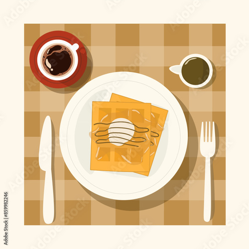 Breakfast waffles with coffee and Chocolate vector illustration 