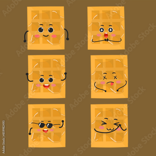 set of waffle waffles with various emoticon cute