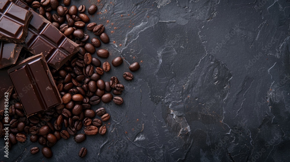 Dark chocolate and coffee beans on dark stone surface from top view with space for text Dark chocolate and coffee beans on dark stone surface from top view with space for text