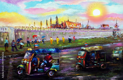 Canvas Print hand painted original impressionism oil painting fine art thailand tuk tuk car