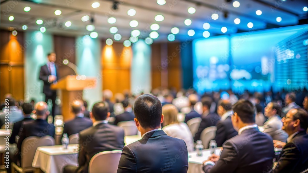 Keynote Speech Blur: A blurred background of a keynote speech or presentation in a conference hall, with the speaker on stage.
Keynote Speech Blur: A blurred background of a keynote speech or presentation in a conference hall, with the speaker on stage.