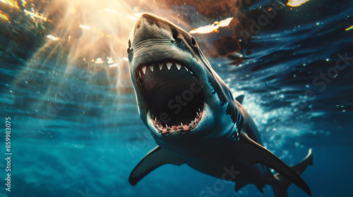 Shark swimming predator deep sea marine life terrifying danger ocean background
 photo