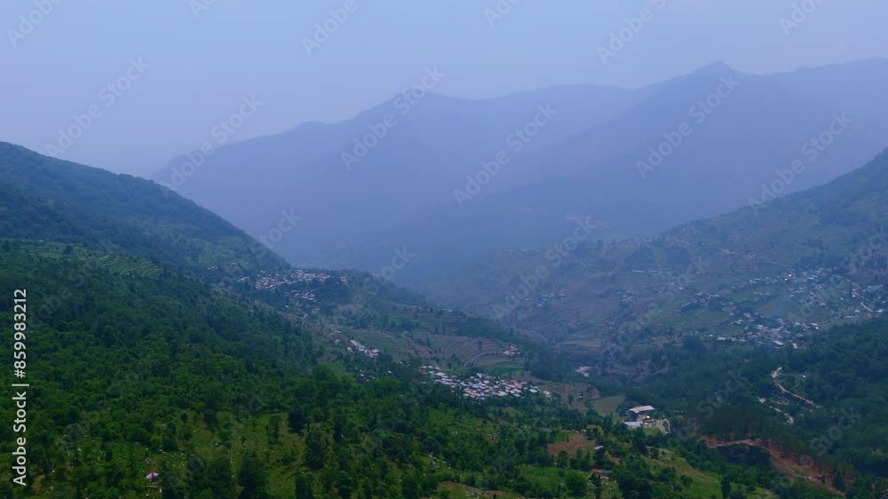 view of the valley in Uttarakhand and the vast sky above drone shot view of the valley in Uttarakhand and the vast sky above drone shot