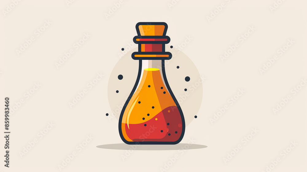 Illustration of a cartoon-style bottle filled with red liquid, sealed with a cork, with decorative elements around. Illustration of a cartoon-style bottle filled with red liquid, sealed with a cork, with decorative elements around.