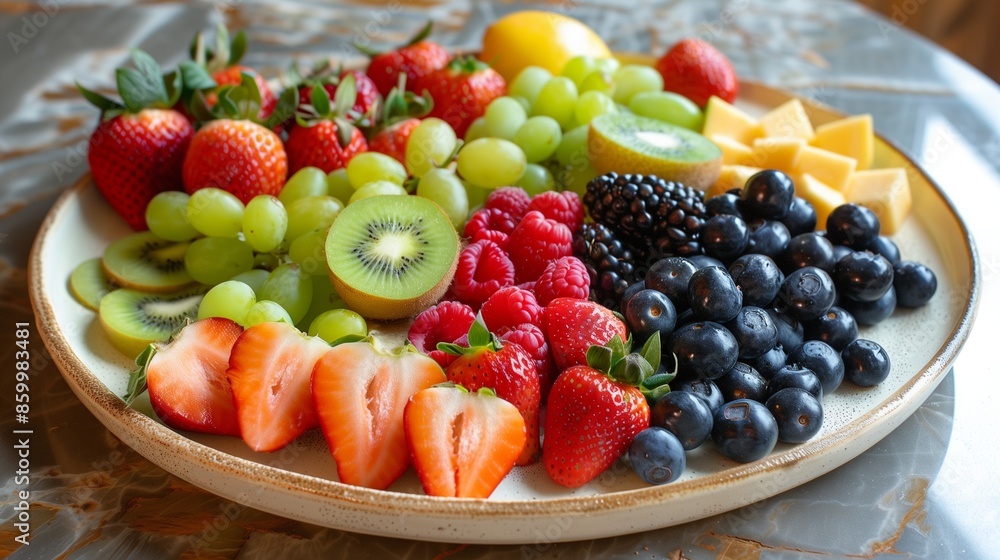 A plate of assorted fresh fruits ready to be enjoyed. A plate of assorted fresh fruits ready to be enjoyed.