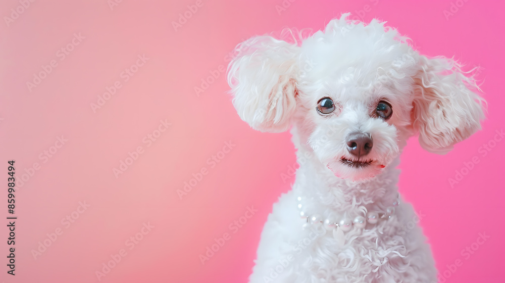 dog in jewelry on a colored background white small poodle in the studio fashion jewelry pet with painted pink ear : Generative AI dog in jewelry on a colored background white small poodle in the studio fashion jewelry pet with painted pink ear : Generative AI