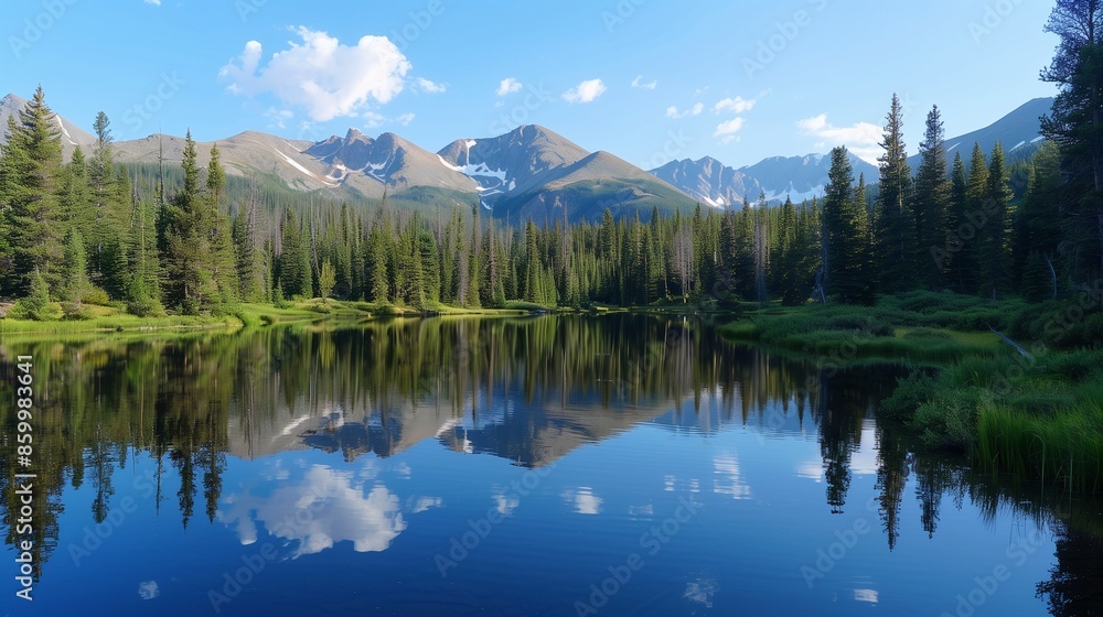 A quiet mountain lake reflecting the surrounding pine trees and sky. A quiet mountain lake reflecting the surrounding pine trees and sky.