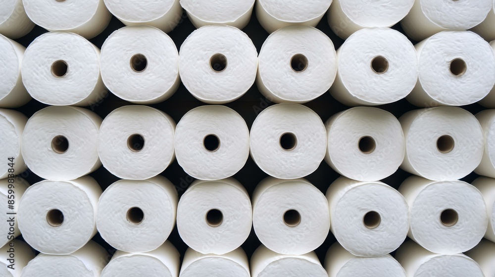 Closeup view of neatly stacked white toilet paper rolls Closeup view of neatly stacked white toilet paper rolls