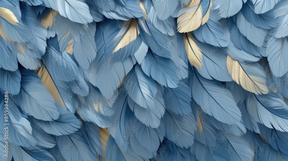 Obraz premium Stunning blue and gold feathers texture background in digital art.
