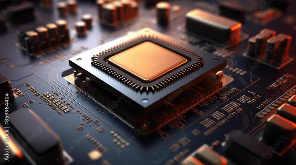 Central processor on circuit board. Computer hardware components. Central processor on circuit board. Computer hardware components.