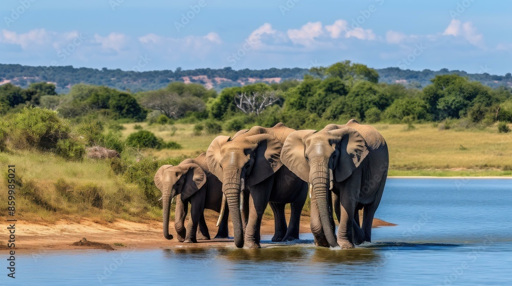 Obraz premium Majestic Elephants Strolling Beside Water