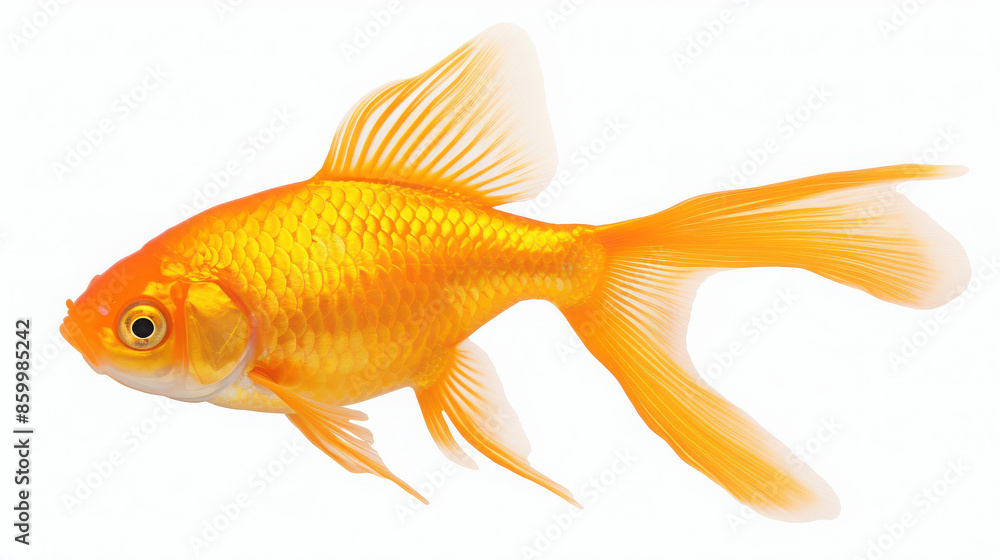 A vibrant goldfish swimming in isolation against a white background. A vibrant goldfish swimming in isolation against a white background.