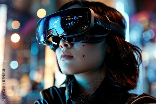 A woman wearing a virtual reality headset looks forward with a thoughtful expression, standing in a city setting at night © Alex