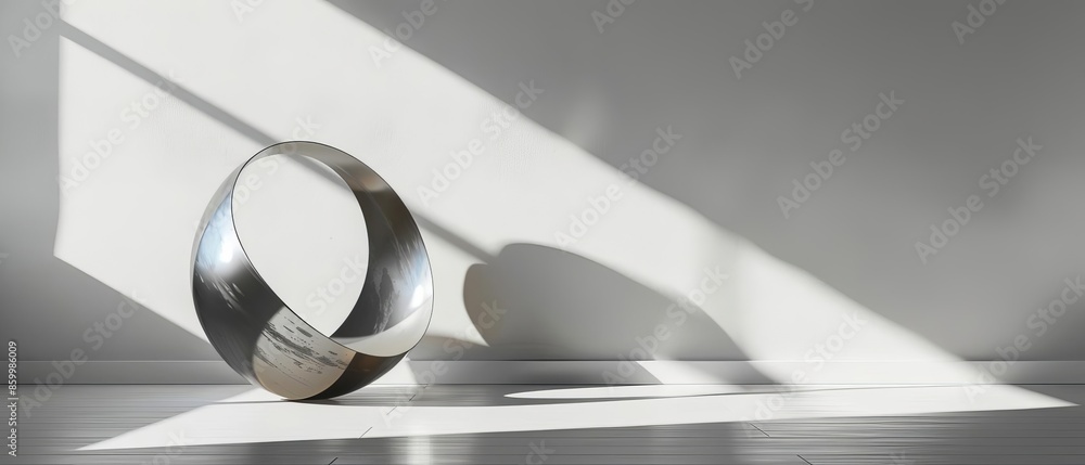 Design a tilted angle view of a modern sculpture casting intriguing abstract shadows on a white gallery wall, in a sleek and photorealistic digital art style, Design a tilted angle view of a modern sculpture casting intriguing abstract shadows on a white gallery wall, in a sleek and photorealistic digital art style,