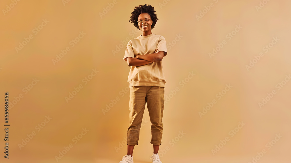 Full body photo of cool satisfied glad lady stand with folded arms wear khaki clothes isolated over sky light color background : Generative AI Full body photo of cool satisfied glad lady stand with folded arms wear khaki clothes isolated over sky light color background : Generative AI