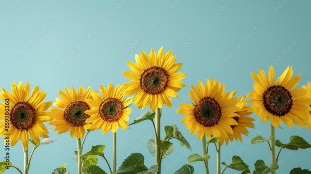 Row of Vibrant Sunflowers Against Clear Blue Sky Row of Vibrant Sunflowers Against Clear Blue Sky
