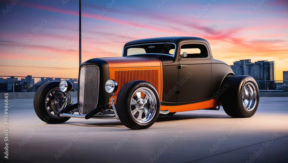 beautiful old timer hot rod vintage matte black orange car at sunset, transport and vehicles, automotive background, auto mock up