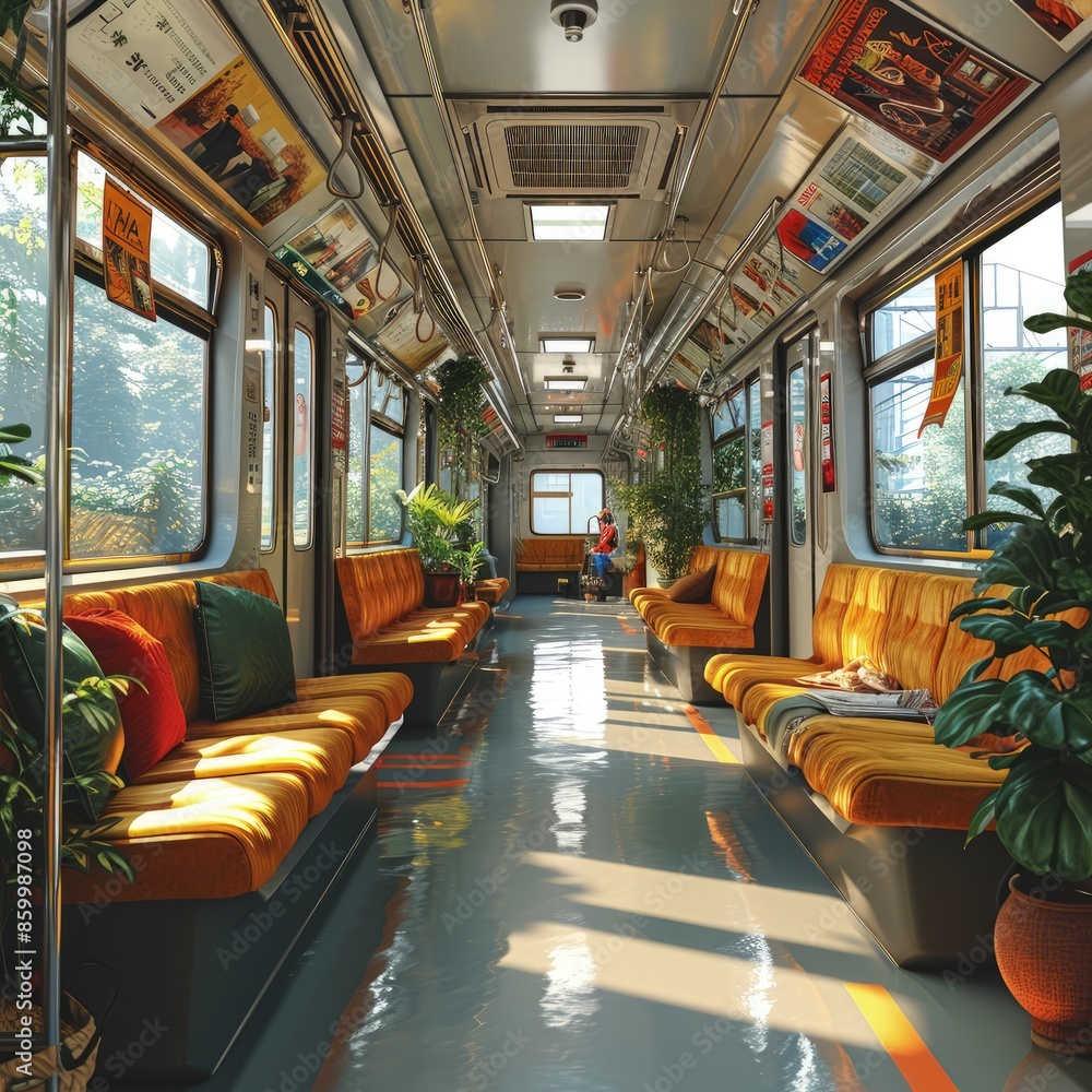 Fototapeta premium Simple illustration style interior illustration of a subway car on a white background, there are many people in the subway car, MG animation, mainly gray, supplemented by light gold and orange, vector