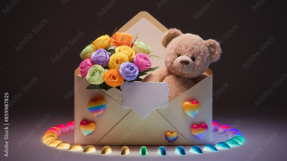 Obraz premium A stunning and elegant cream-colored envelope with a small bouquet of yellow, green, pink, orange, lavender, blue, pastel miniature roses inside and a large beige bear outside.