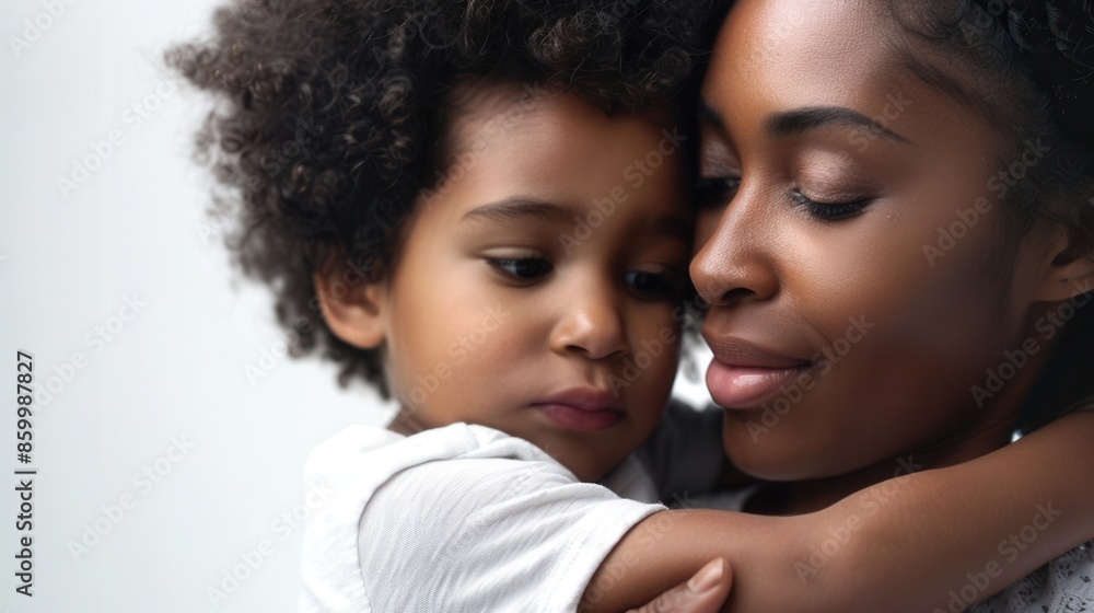 AI mother comforting a human child, isolated white background, heartfelt connection AI mother comforting a human child, isolated white background, heartfelt connection