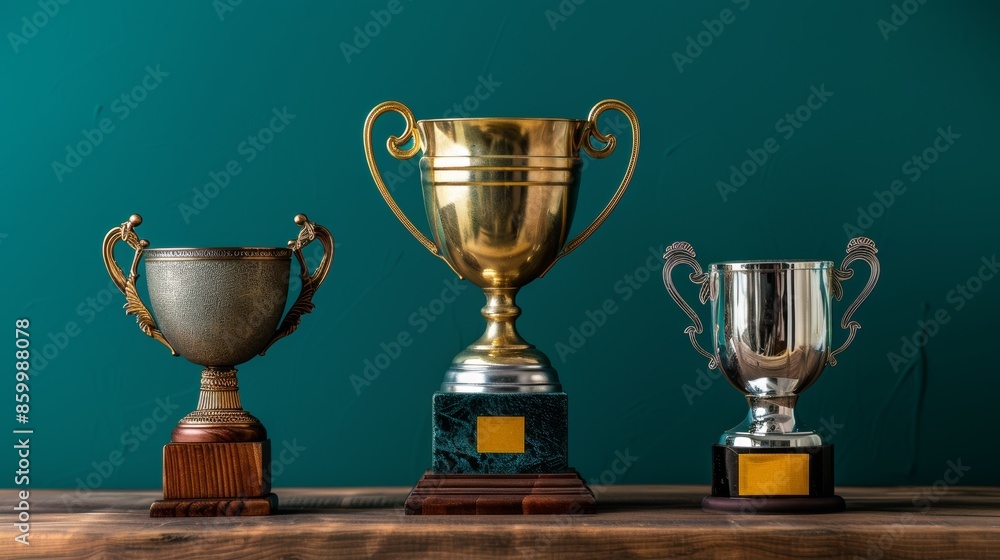 Three Trophies on a Wooden Table with a Green Background Three Trophies on a Wooden Table with a Green Background