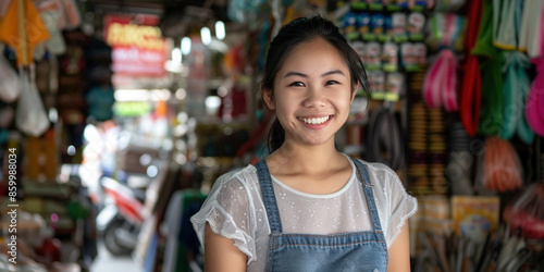 Wallpaper Mural Asian Thai smiling woman in clothes store market. Business owner seller male representing cultural heritage street bazaar and festive spirit. Handcrafted clothes on background Torontodigital.ca