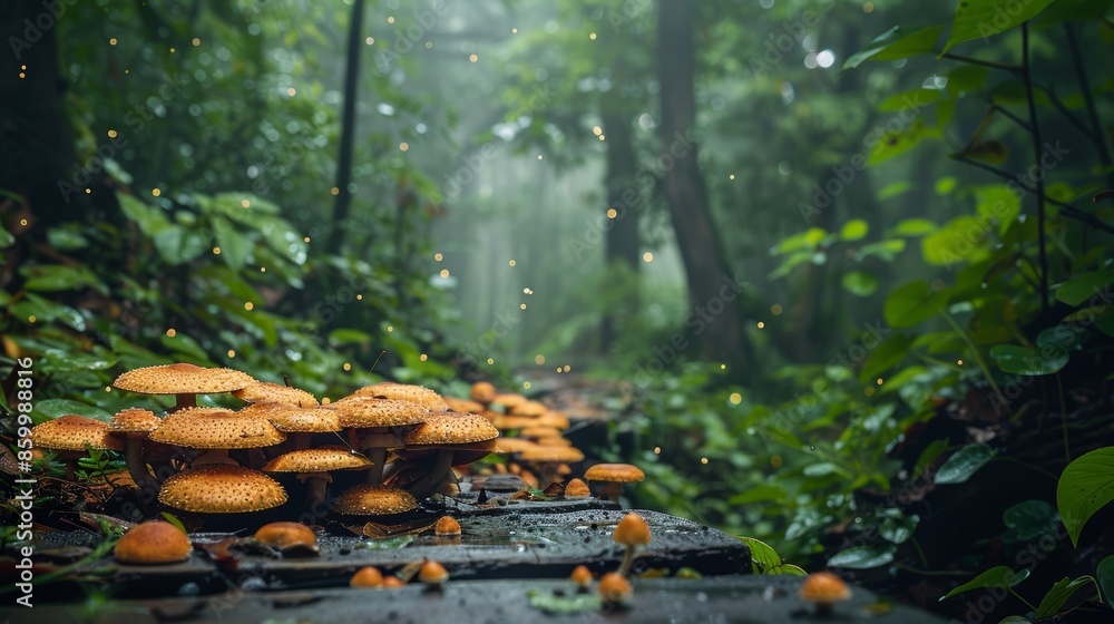 Mushrooms Growing in Misty Forest with Fireflies Mushrooms Growing in Misty Forest with Fireflies