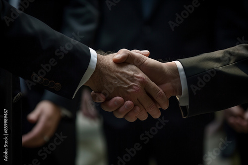 A handshake between two men in suits. Concept of professionalism and trust. The men are dressed in formal attire, which suggests that they are in a business setting or attending a formal event © lashkhidzetim