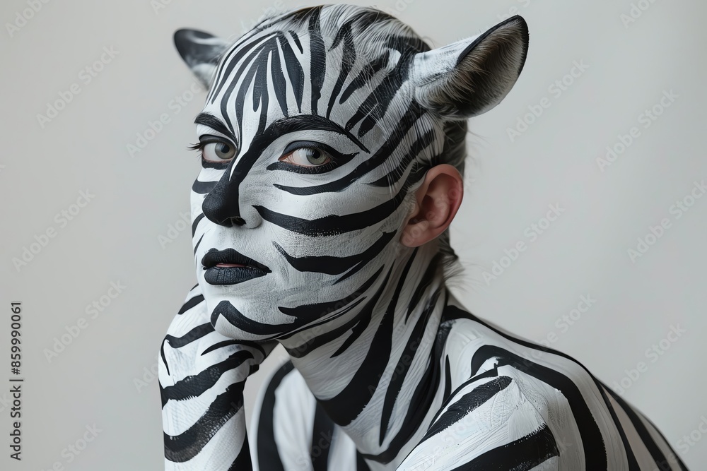 Person with artistic zebra face paint and body art, against neutral background. Unique body painting and creative makeup concept. Person with artistic zebra face paint and body art, against neutral background. Unique body painting and creative makeup concept.